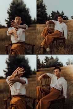 a man sitting on top of a wooden chair in a field next to tall grass