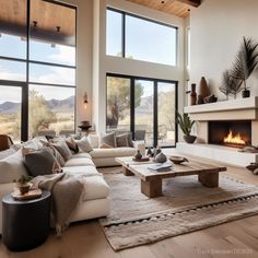 a living room filled with furniture and a fire place in the middle of a room