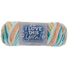 yarn ball with i love this yarn in multicolors and white, blue, orange and