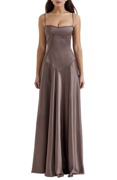 A sculpting corset-inspired bodice shapes this glamorous satin gown punctuated with a laced-up back. Exclusive retailer 52" length (size X-Large) Square neck Adjustable straps Unlined 75% acetate, 25% polyester with 80% polyamide 20% elastane contrast Dry clean Imported Evening Dress Floor Length, Grey Maxi Dress, Ladies Gown, Satin Gown, House Of Cb, Satin Maxi, Satin Maxi Dress, Floor Length Dresses, Birthday Dresses