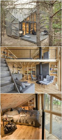 the interior and exterior of a cabin with wood floors, windows, stairs and furniture