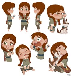 various poses of a woman with brown hair holding a dog and pointing at her face