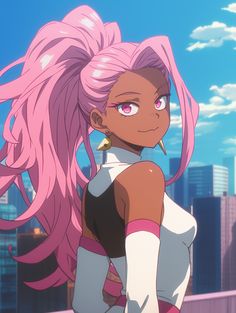 an anime character with pink hair standing in front of a cityscape and looking at the camera