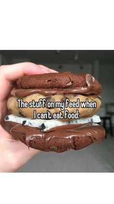 someone is holding a chocolate sandwich with the words, the stuff on my feed when i can't eat food