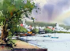 a watercolor painting of boats on the river