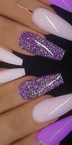 Ongles Gel Violet, French Manicure Acrylic Nails, Nails With Glitter, Purple Nail Art, Purple Acrylic Nails, Milky Nails, Purple Nail Designs, Purple Nail