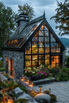 a house that is lit up in the evening