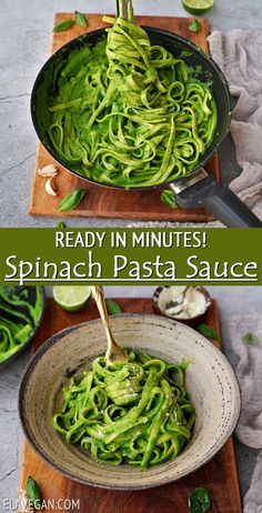 green pasta being cooked in a skillet with the words, i'm handmade fettig cremee spinach