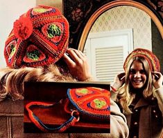 the woman is smiling while wearing crocheted hats and holding a purse in front of her face