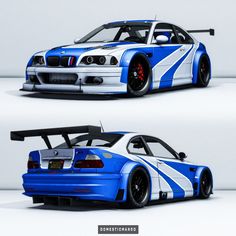 this is an image of a blue and white bmw race car in three different views