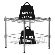 two shopping bags sitting on top of each other under a metal rack with tags attached to it