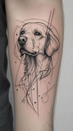 a dog's head is shown with lines and dots on the arm, as well as an abstract design