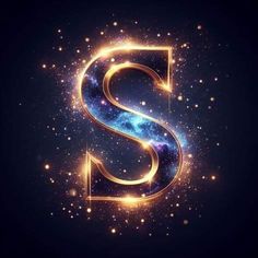 the letter s is made up of gold and blue sparkles on a black background