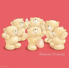 a group of teddy bears sitting next to each other on a red background with the words forever friends