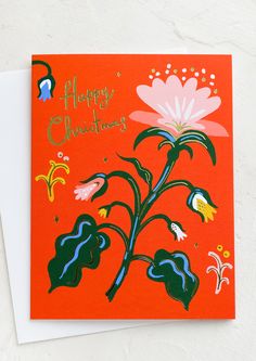 A red greeting card with flower, text reads Happy Christmas. Happy Christmas Card, Vero Beach Florida, Warmest Wishes, Hanukkah Cards, Happy Holiday Cards, Christmas Card Set, Print Greeting Cards, Pink Cards, Letterpress Cards