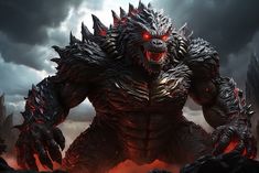 an image of godzilla in the dark with red eyes and fangs on his face, surrounded by lava