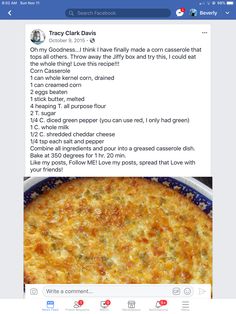 a facebook post with an image of a casserole