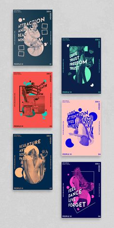 four posters with different colors and shapes on the same page, each featuring an image of a woman