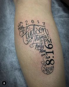 a tattoo on the leg of a person with words written in cursive writing