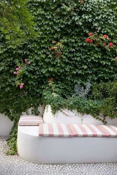 a bench sitting in front of a wall covered with green leaves and red flowers on it