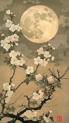 an image of a full moon in the sky with flowers on tree branches and leaves