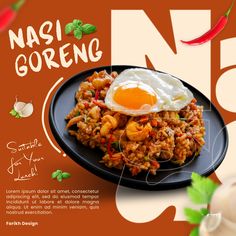 an advertisement for nasi goreng with fried eggs