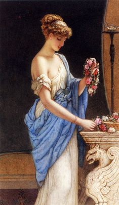 a painting of a woman arranging flowers in a vase