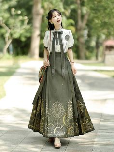 ❤︎Magic Time and Space China Pointed Collar Ribbon Shirt + Long Skirt❤︎ Fantasy Librarian, Traditional Asian Dress, Long Skirt Outfits, Ribbon Shirt, Time And Space, Textiles Fashion, Fashion Sketches, Skirt Outfits, Long Skirt