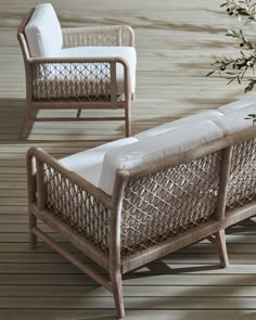 two wicker couches sitting on top of a wooden floor next to a potted plant