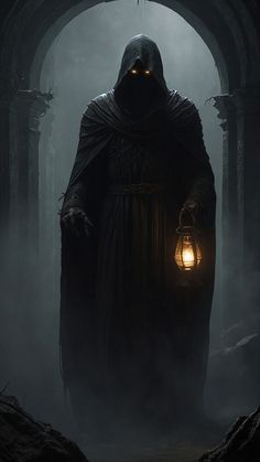 a man with a lantern standing in the dark