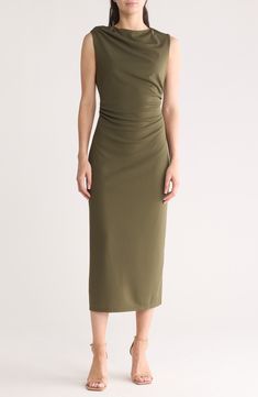 Side pleats create elegant draping on this midi-length dress cut in a refined sleeveless silhouette. Slips on over head Jewel neck Sleeveless Lined 100% polyester Machine wash, dry flat Imported Midi Ruched Dress, Draped Midi Dress, Draped Midi Dresses, Daytime Dresses, Ruched Midi Dress, Nordstrom Anniversary Sale, Green Olive, Contemporary Outfits, Sweaters And Leggings