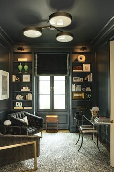 a living room filled with furniture and bookshelves