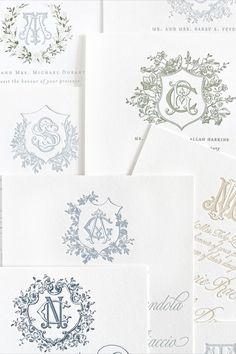 Our custom monograms are are a gorgeous addition to your wedding! Pictured are a few of our monogram crest options. They can be used in too many ways to count-- paper suite, napkins, and on cups just to name a few! Click here to see more information on our monogram options!