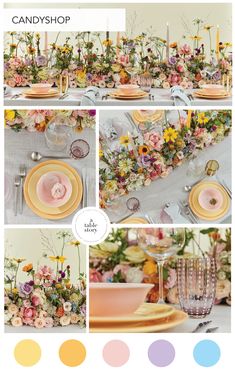 the table is decorated with flowers and plates