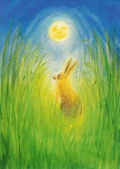 a painting of a rabbit sitting in tall grass with the moon behind it and blue sky above