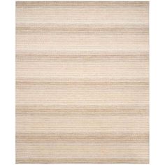 a beige rug with horizontal stripes on the top and bottom, in different shades of light brown