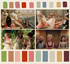 there are pictures of people in dresses and hats with color swatches on the same page