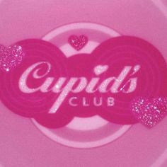 the cupid's club logo is displayed on a pink plate with glitter hearts