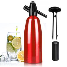 a red water bottle next to a cocktail shaker and ice tongs on a white background