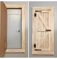 an open wooden door is shown in two different angles