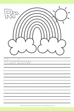 the letter r is for rainbow worksheet with an image of a rainbow and clouds