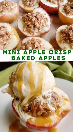 mini apple crisp baked apples on a white plate with caramel drizzled