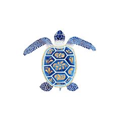 a drawing of a sea turtle in blue and orange colors on a white background,