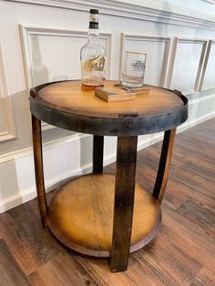 Bourbon Barrel End Table Bourbon Barrel Table, Oak Barrel Furniture, Wine Barrel End Table, Barrel End Table, Recycled Barrel, Wine Barrel Crafts, Bourbon Room, Whiskey Barrel Furniture, Barrel Projects