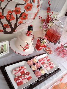 a table topped with cakes and desserts on top of plates