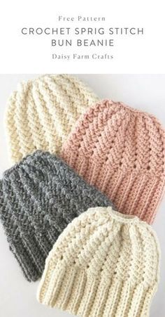 three crochet beanies with text that reads, how to knit a hat for beginners