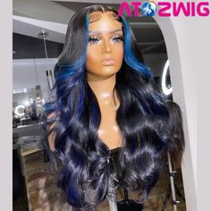 Long  Loose Wavy Fashion Black Wigs with BLue Highlight Lace Front Wigs T part Styled Wigs, Highlight Hair, Front Hair, Blue Highlights, Wave Wig, Colored Wigs