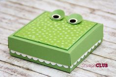 a green box with two eyes on the front and one eye in the middle, sitting on a wooden surface