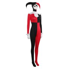 a woman in a red and black cat suit with white collar, long sleeves and legs