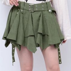 Jouetie Green Skirt Skort (Japanese Designer) Skirt Design With Shorts Underneath Zipper And Elastic Back, Belt In The Front To Tighten Hanging Grommet Fabric Chains And Belt Add Edginess To A Flouncy Fairy Skirt One Size, Fits Small To Medium New With Tags Not Free People, Tagged For Exposure (Jouetie Is A Japanese Designer. Purchased In Japan) #Edgy #Fairy #Festival Fern Skirt, Green Short Skirt With Built-in Shorts, Green Mini Cargo Skirt With Lining, Harajuku Mini Fitted Skort, Green Patchwork Mini Skirt, Spring Harajuku Mini Skort, Designer Skirt, Fairy Skirt, Fairy Festival